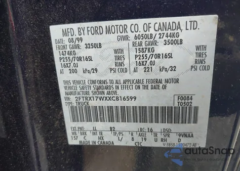 1999 Ford F-150 Lariat/Work Series/Xl/Xlt из США, поврежденный, VIN 2FTRX17WXXCB16599